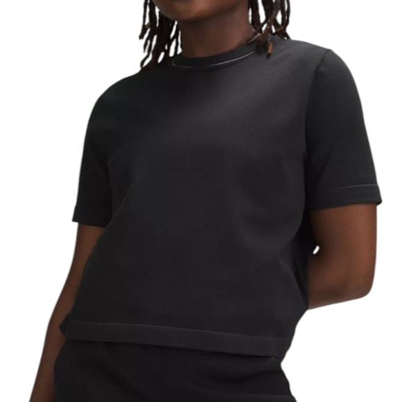 Lululemon Boxy Knit T-Shirt Black Cropped Rare Woven Solid Women's size Medium - Picture 1 of 13